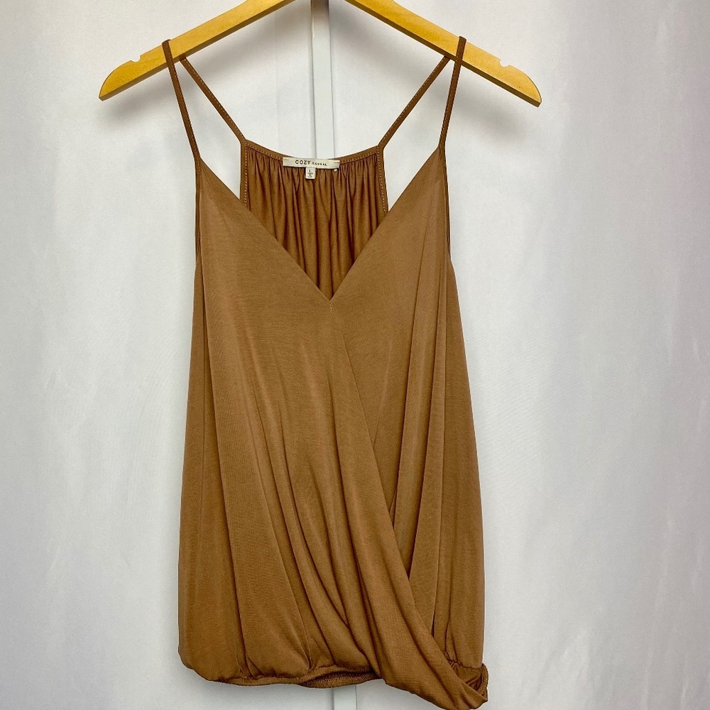 Cozy Casual Womenʻs Brown Spaghetti Strap Wrap Front Blouse w/ Elastic Hem Large